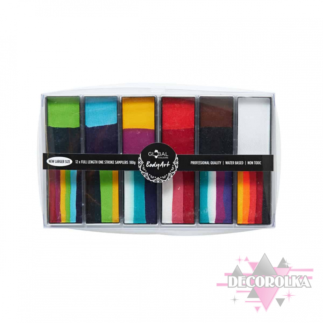Global Colours Rainbow Explosion Paint Palette – Multi One Strokes + BnW Face & BodyArt Palette Sampler 12x 15g